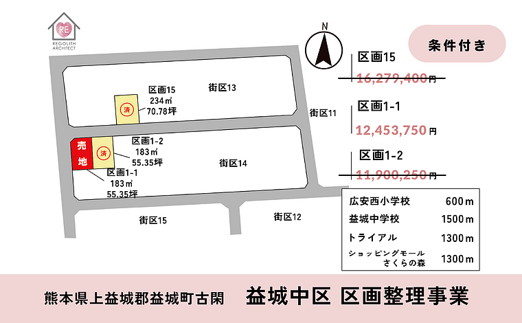 【条件付き】上益城郡益城町 大字古閑 　益城中区　住宅用地   3区画